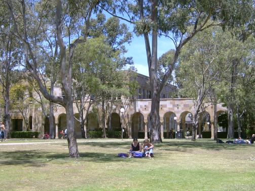 Uni students sitting in courtyard