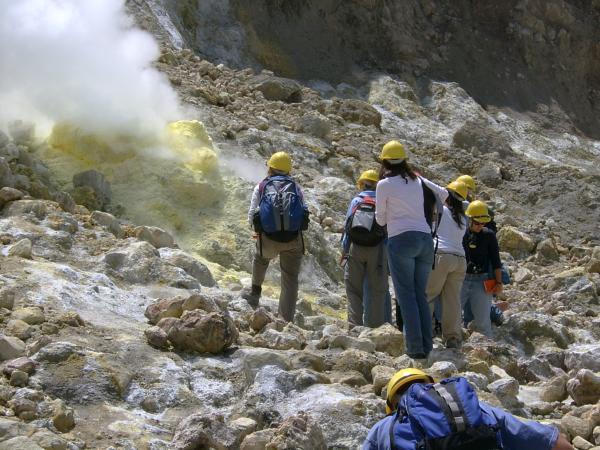  Students approach large sulfur vent