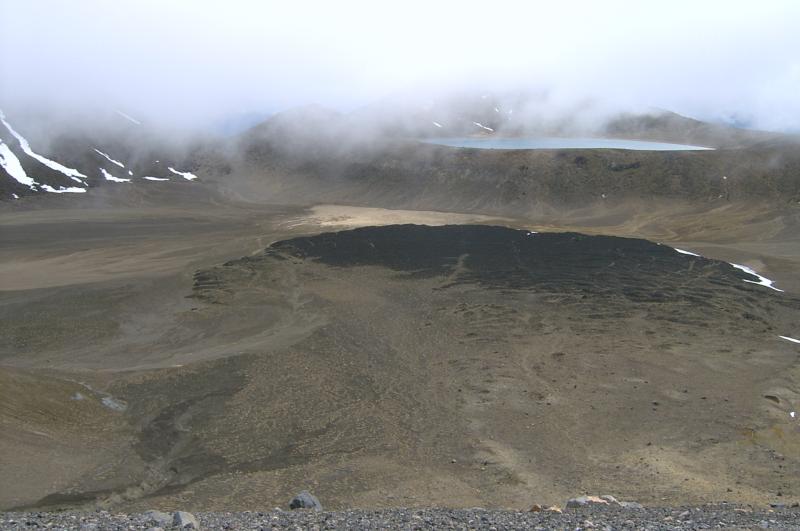  View into central crater with large flow and Blue Lake in distance 