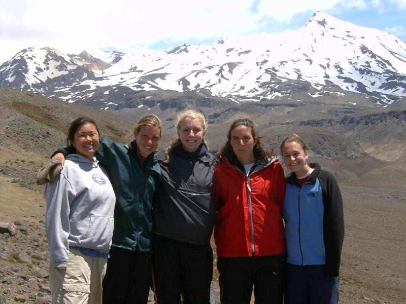  Five people posing in front of snow-capped Ruapehu 