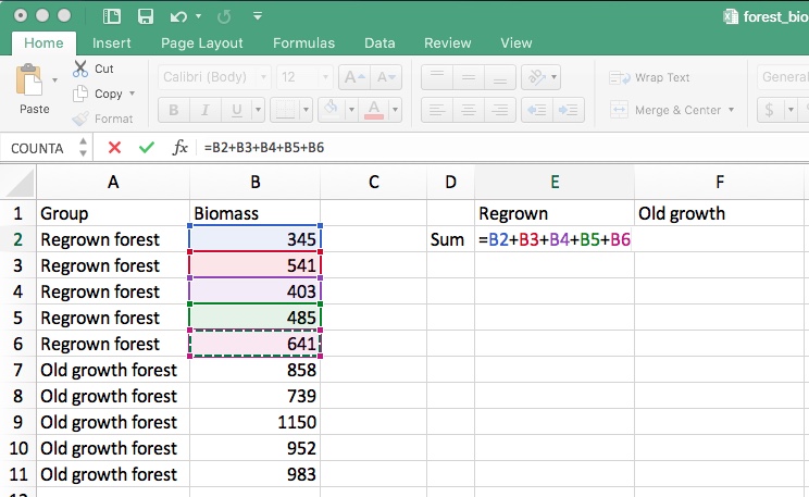 Figure 9. Using formulas with cell addresses. Note that Excel highlights the cells included with different colors.