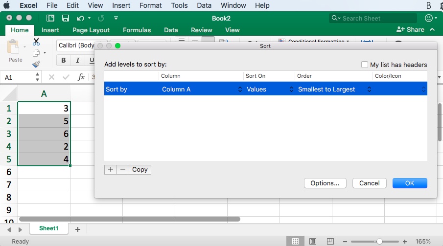 Figure 6. Sort menu for five numeric values selected in column A.