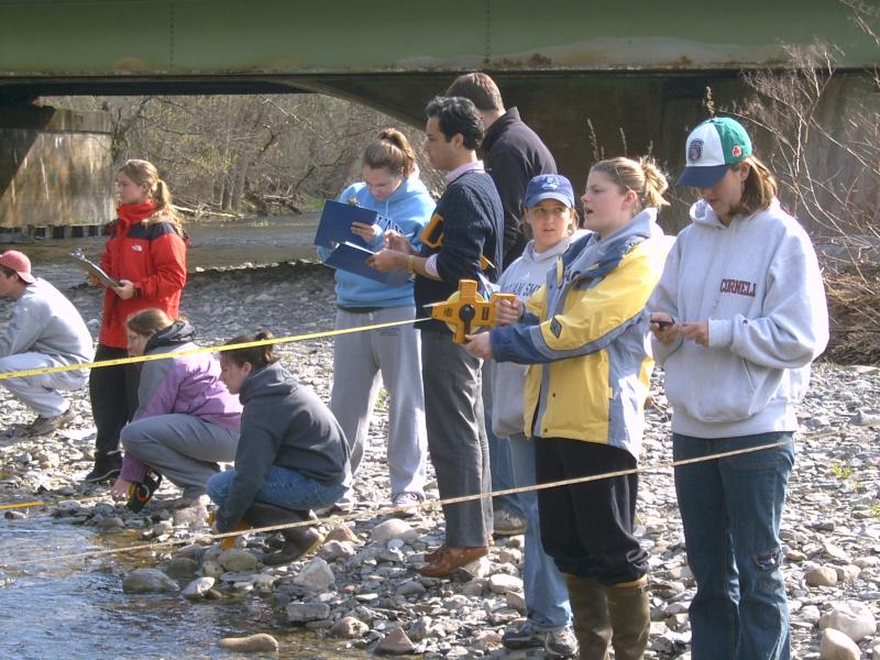 Students on stream bank