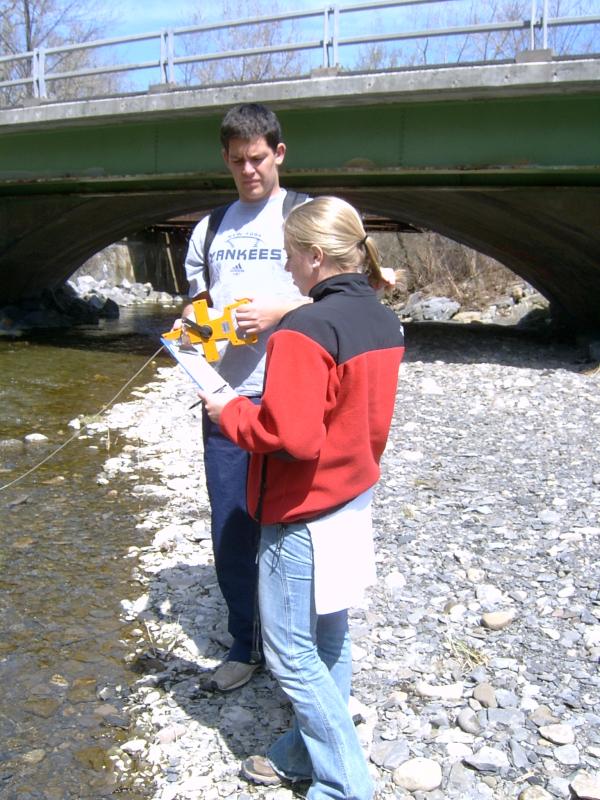 Two students discussing data on bank